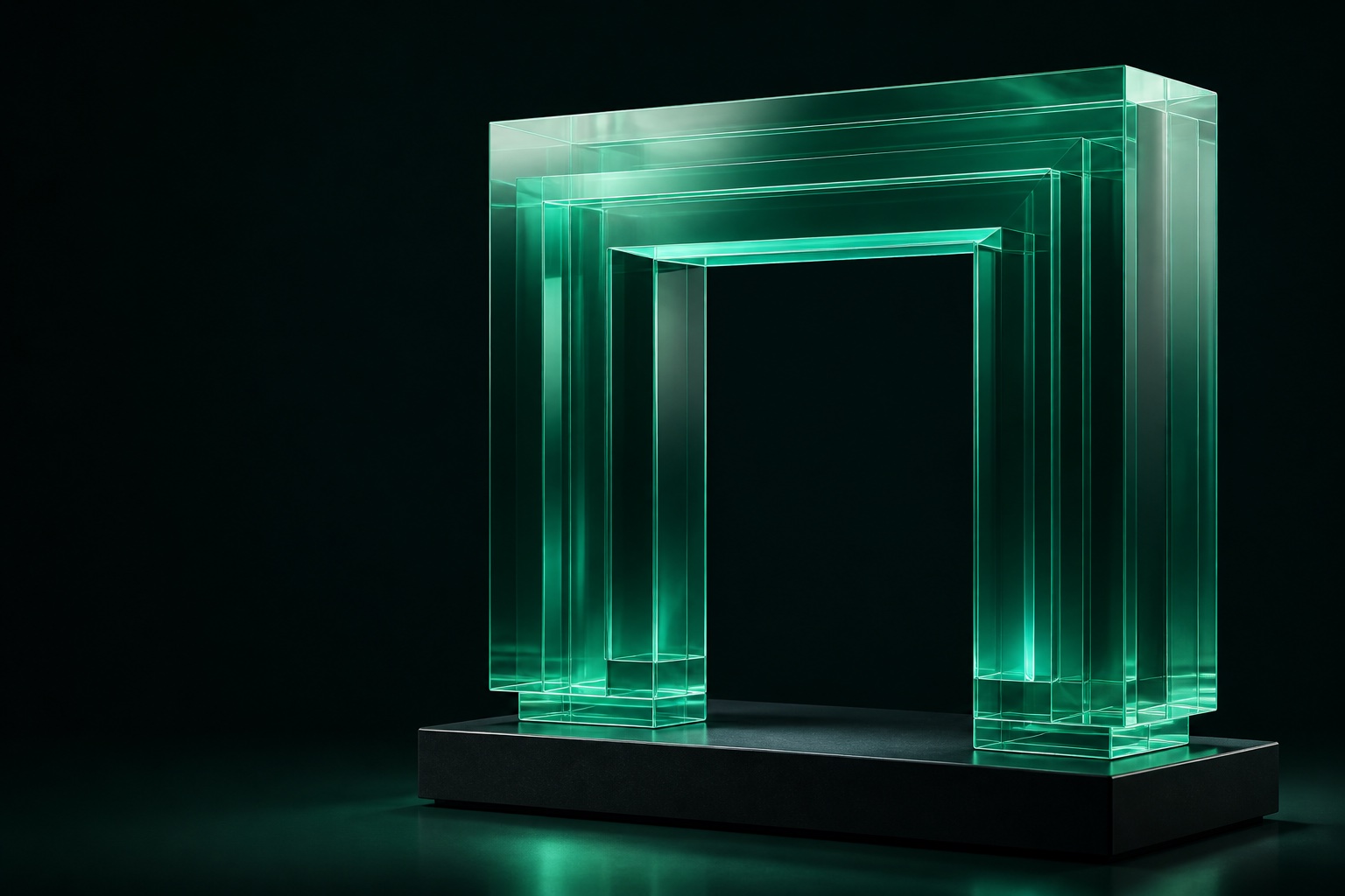 Illuminated emerald glass forming an open gateway